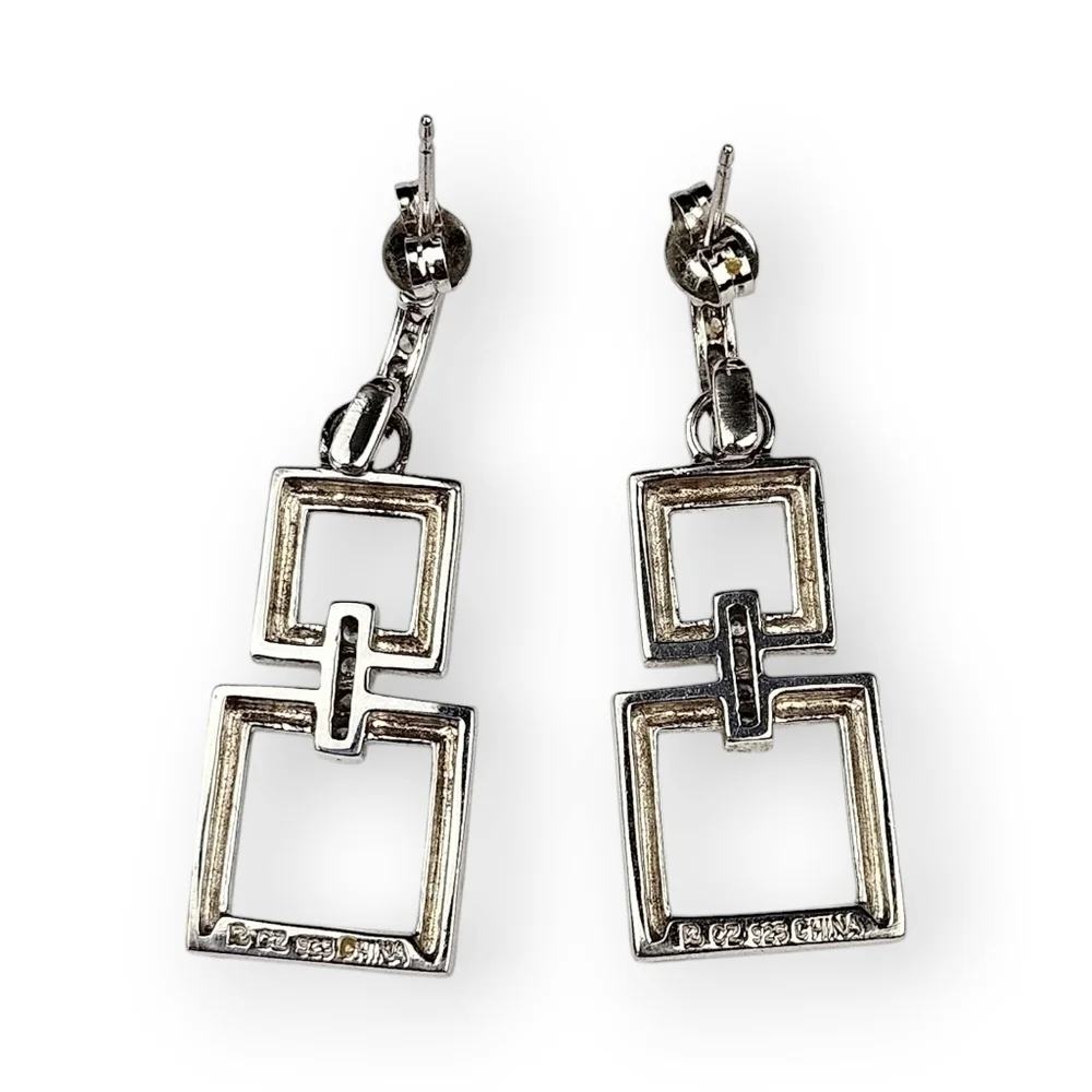 Sterling CZ Drop Post Earrings Rhodium Plated 925 Silver Double Square Prime Art